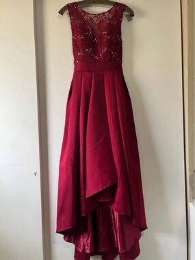 May Queen Deep Burgundy Lace Bodice High-Low Gown